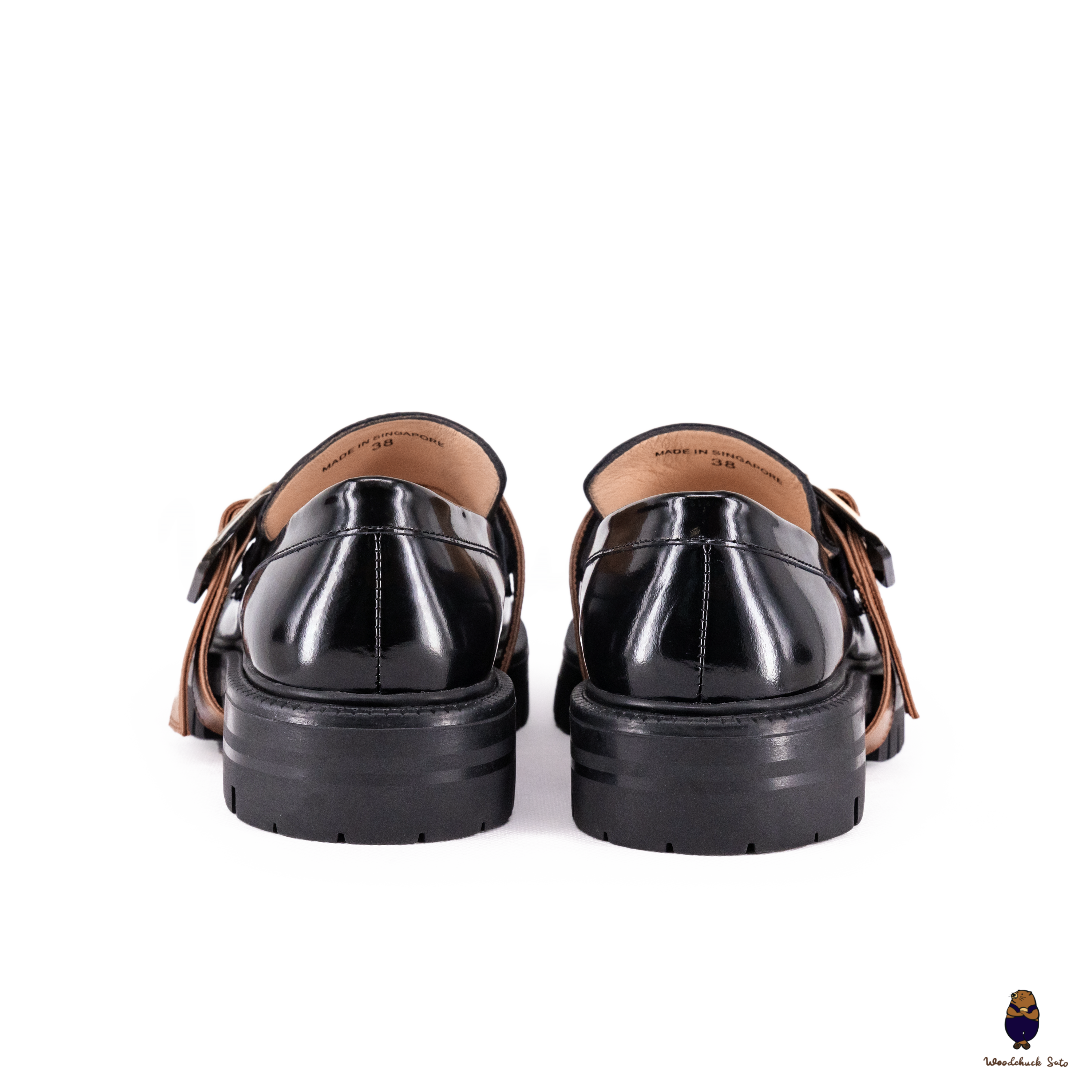 WoodchuckSato Black Edge-Beaded Cowhide Leather Tabi Loafers with Removable Camel Brown Strap & Chunky Sole