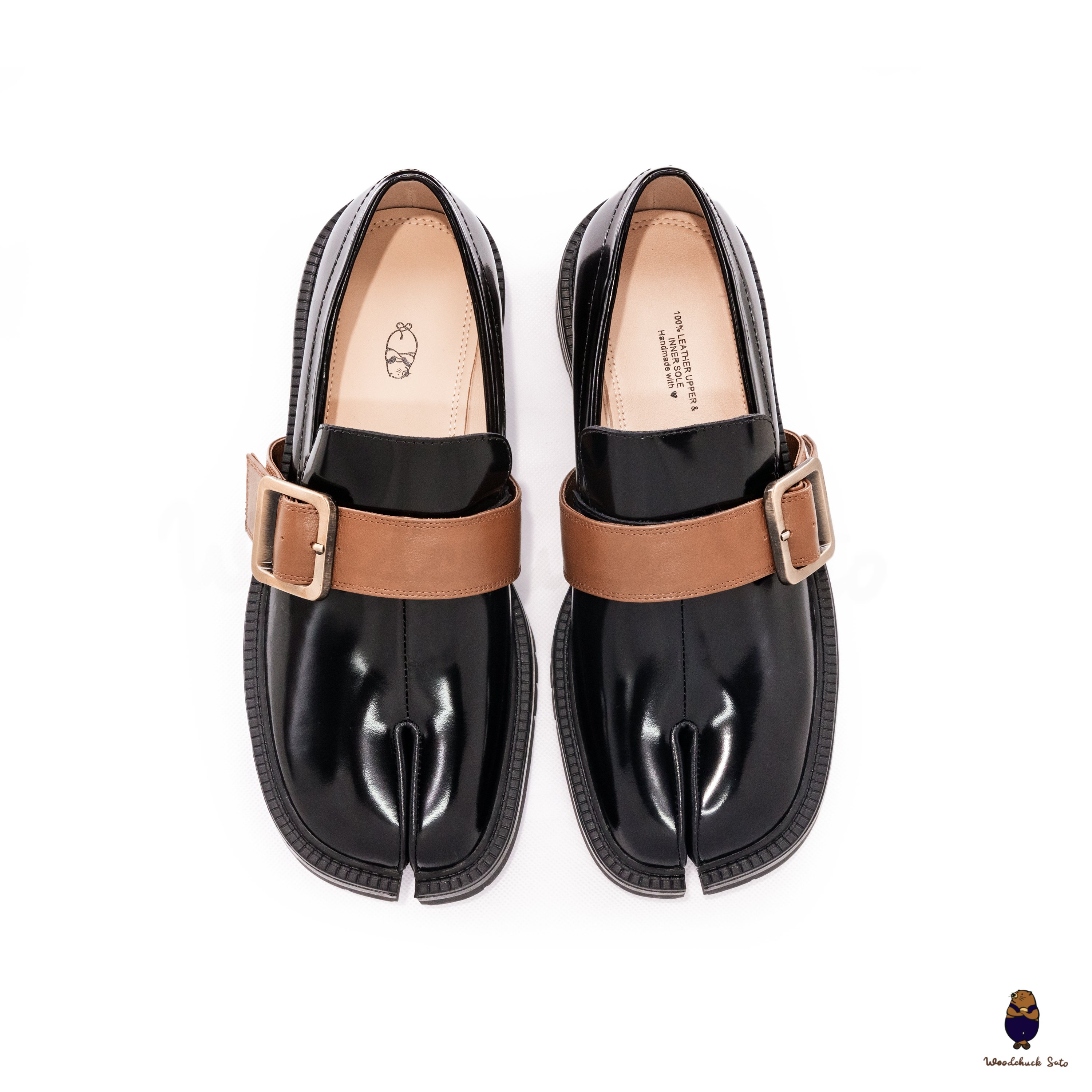 WoodchuckSato Black Edge-Beaded Cowhide Leather Tabi Loafers with Removable Camel Brown Strap & Chunky Sole