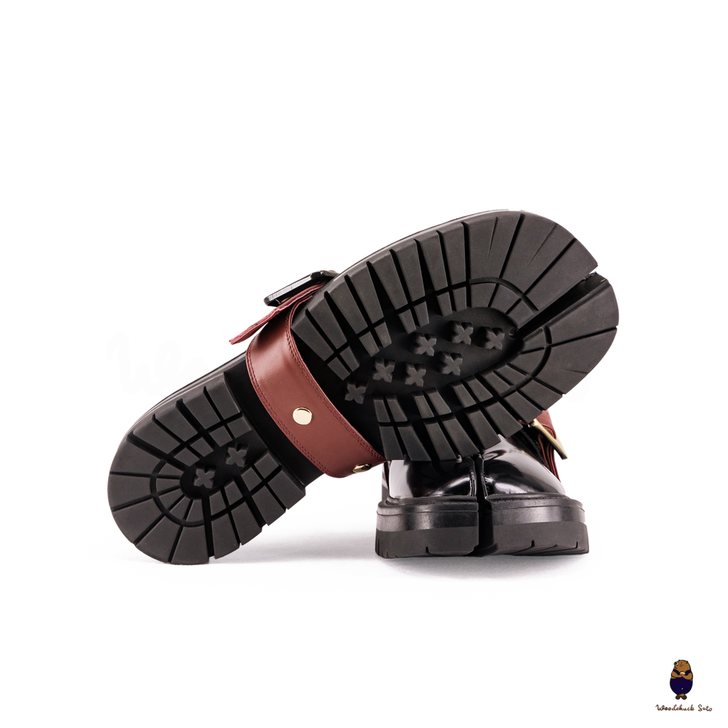 WoodchuckSato Black Edge-Beaded Cowhide Leather Tabi Loafers with Removable Red Strap & Chunky Sole