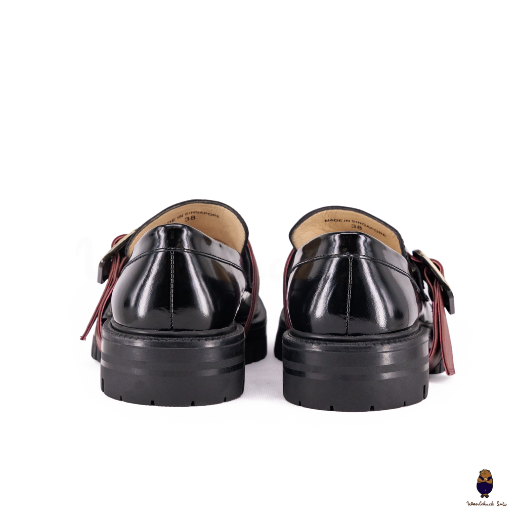 WoodchuckSato Black Edge-Beaded Cowhide Leather Tabi Loafers with Removable Red Strap & Chunky Sole