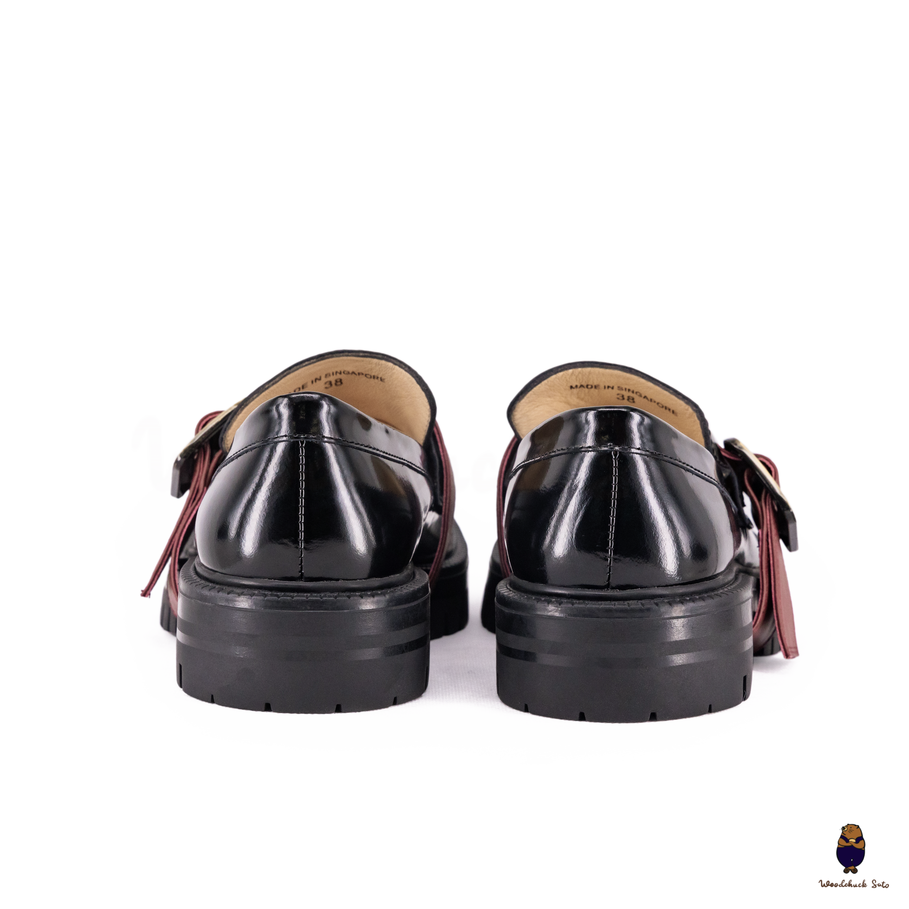 WoodchuckSato Black Edge-Beaded Cowhide Leather Tabi Loafers with Removable Red Strap & Chunky Sole