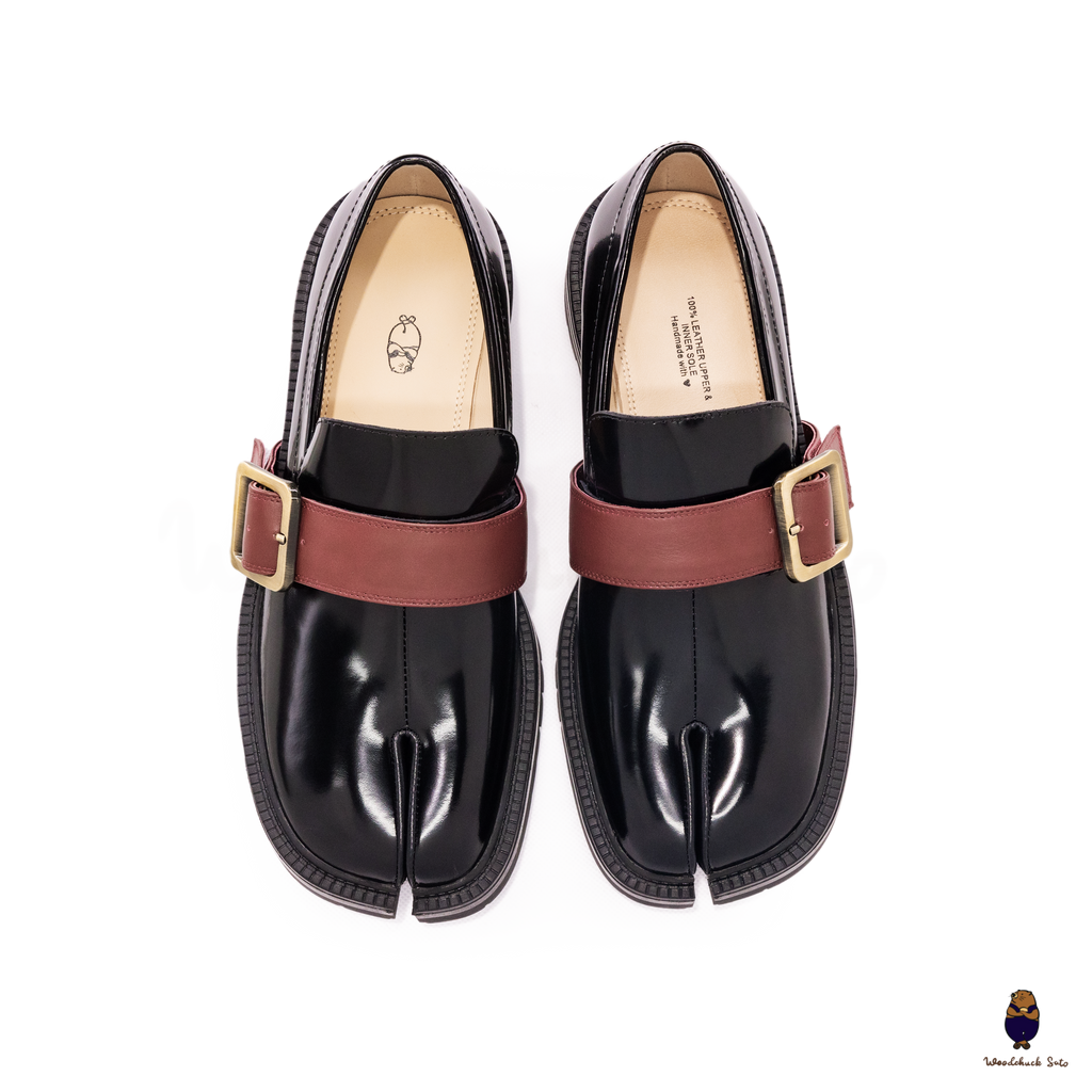 WoodchuckSato Black Edge-Beaded Cowhide Leather Tabi Loafers with Removable Red Strap & Chunky Sole