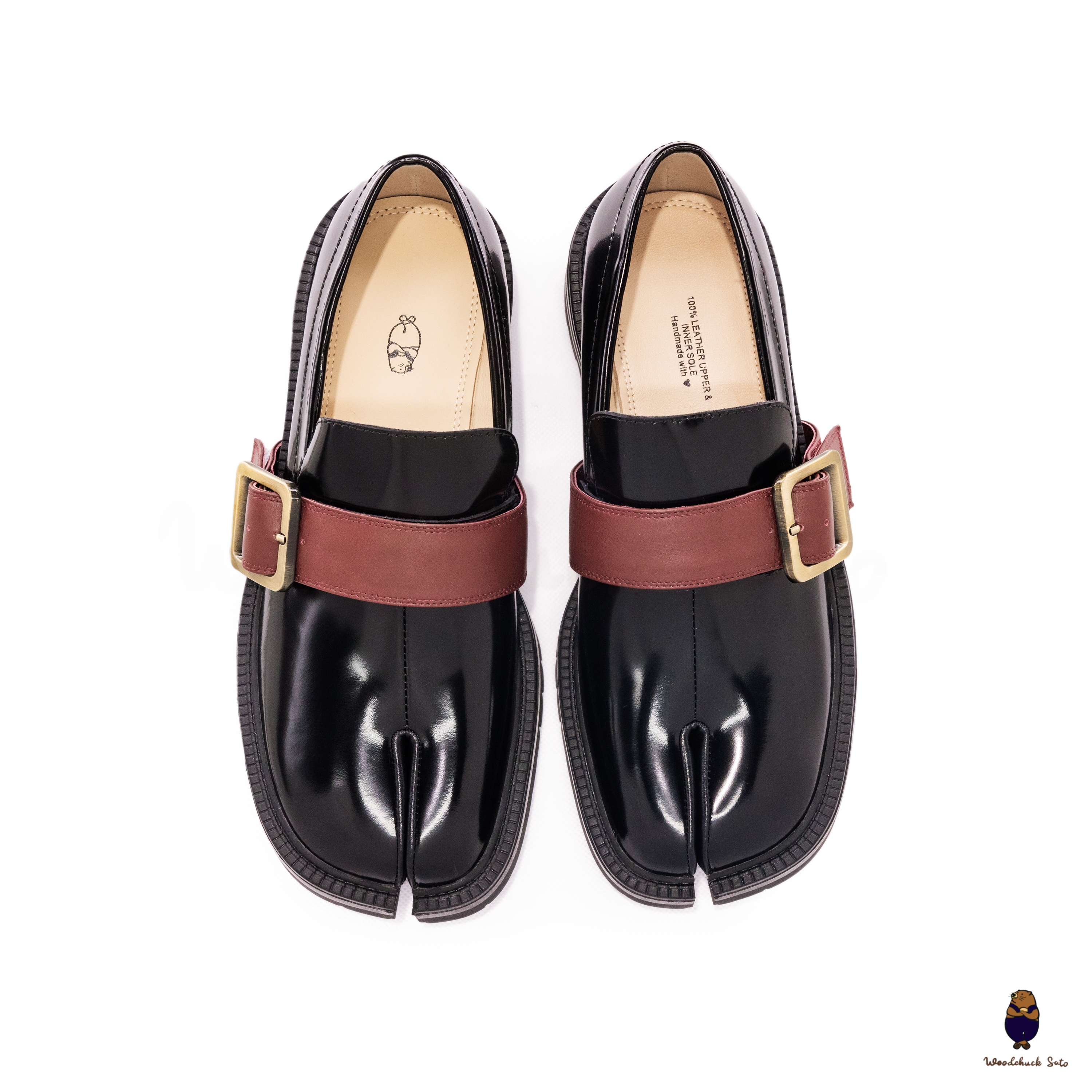 WoodchuckSato Black Edge-Beaded Cowhide Leather Tabi Loafers with Removable Red Strap & Chunky Sole