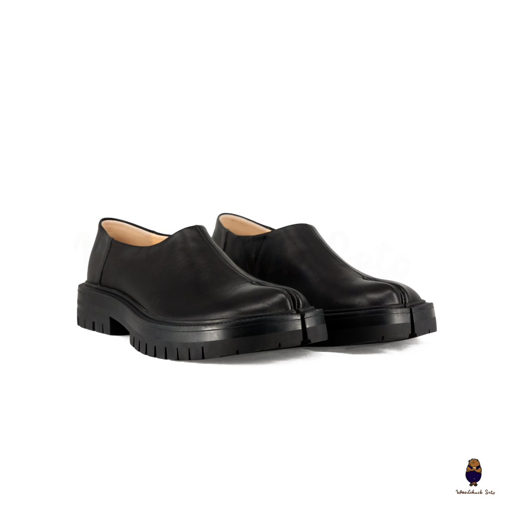 WoodchuckSato Black Leather Tabi Slip-On Lug Sole Loafers