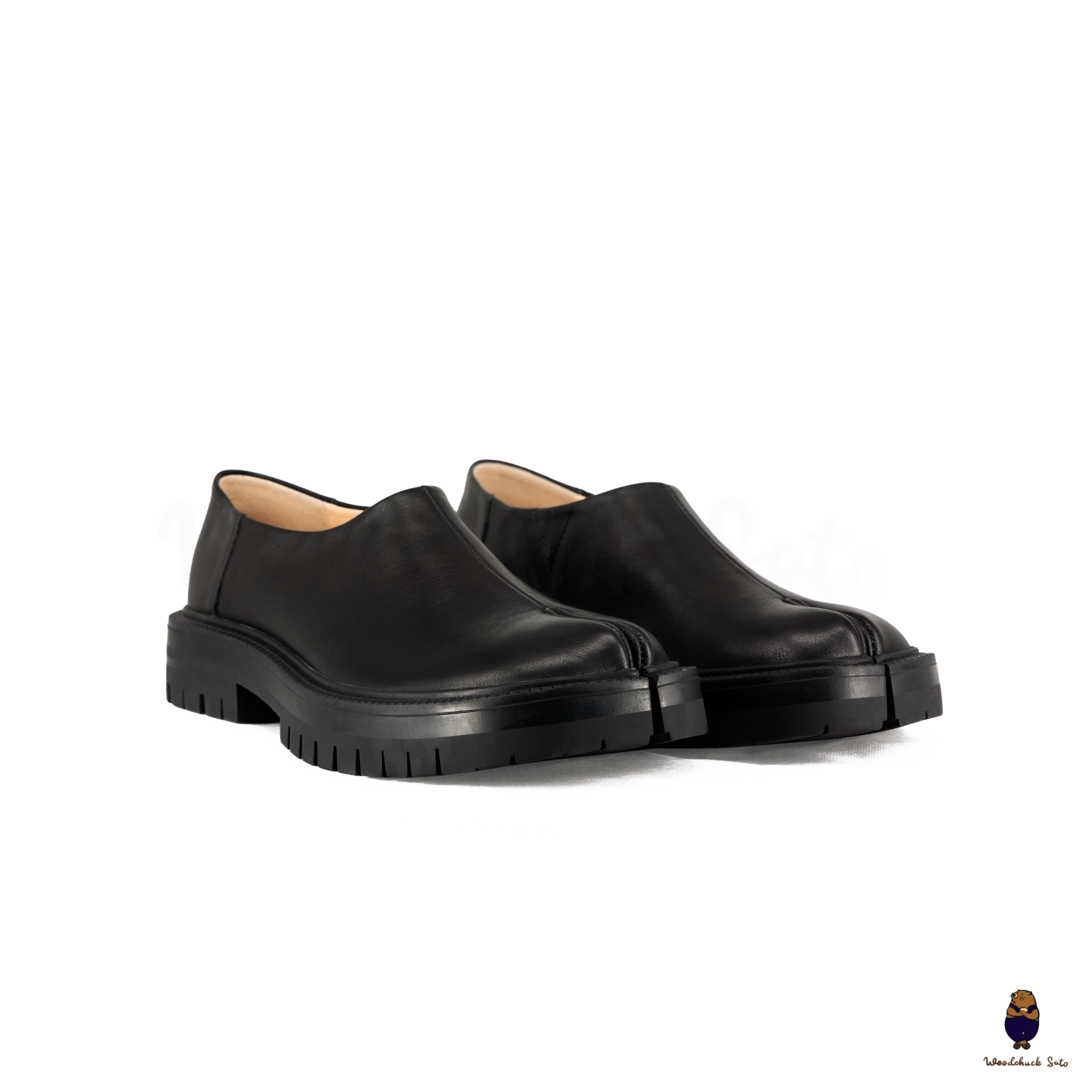 WoodchuckSato Black Leather Tabi Slip-On Lug Sole Loafers