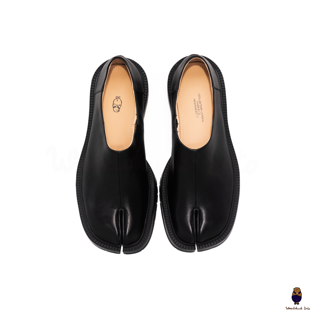 WoodchuckSato Black Leather Tabi Slip-On Lug Sole Loafers