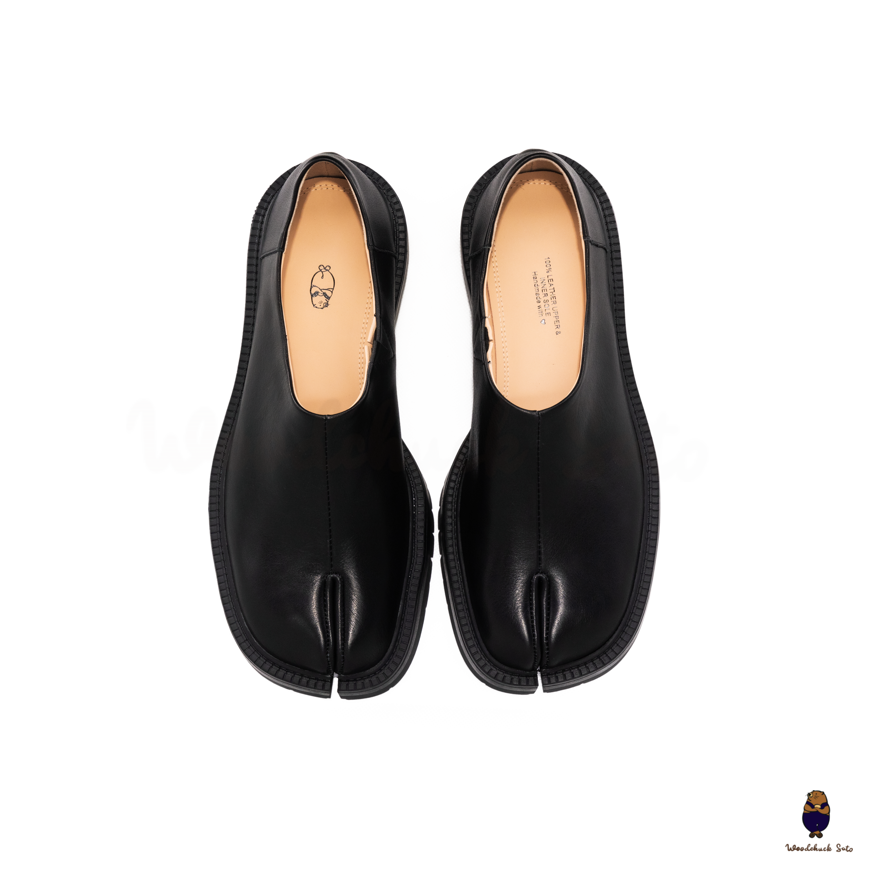 WoodchuckSato Black Leather Tabi Slip-On Lug Sole Loafers