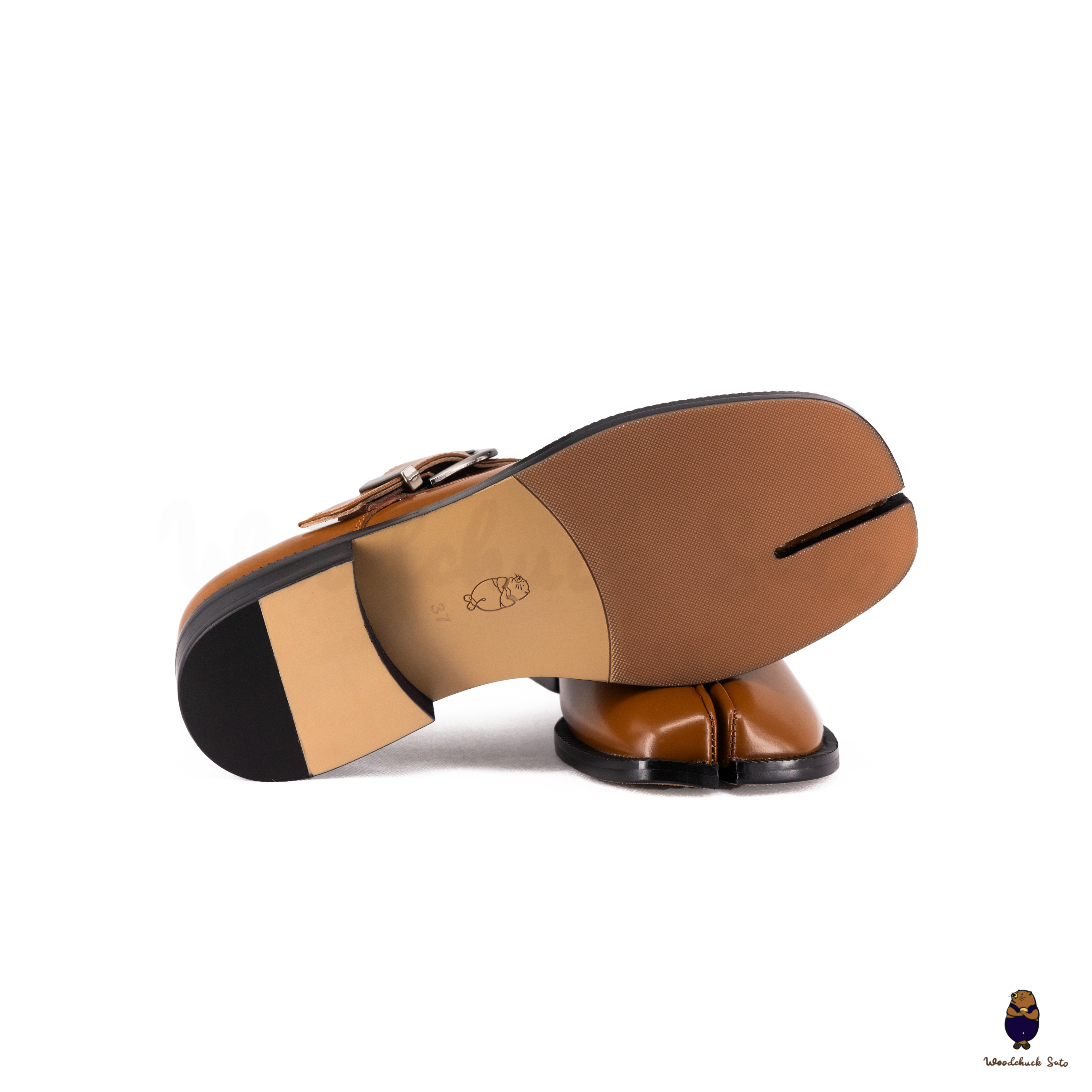 WoodchuckSato Tan Edge-Beaded Cowhide Leather Tabi Monk Strap Shoes