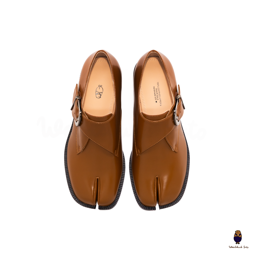 WoodchuckSato Tan Edge-Beaded Cowhide Leather Tabi Monk Strap Shoes
