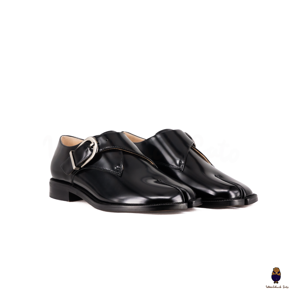 WoodchuckSato Black Edge-Beaded Cowhide Leather Tabi Monk Strap Shoes