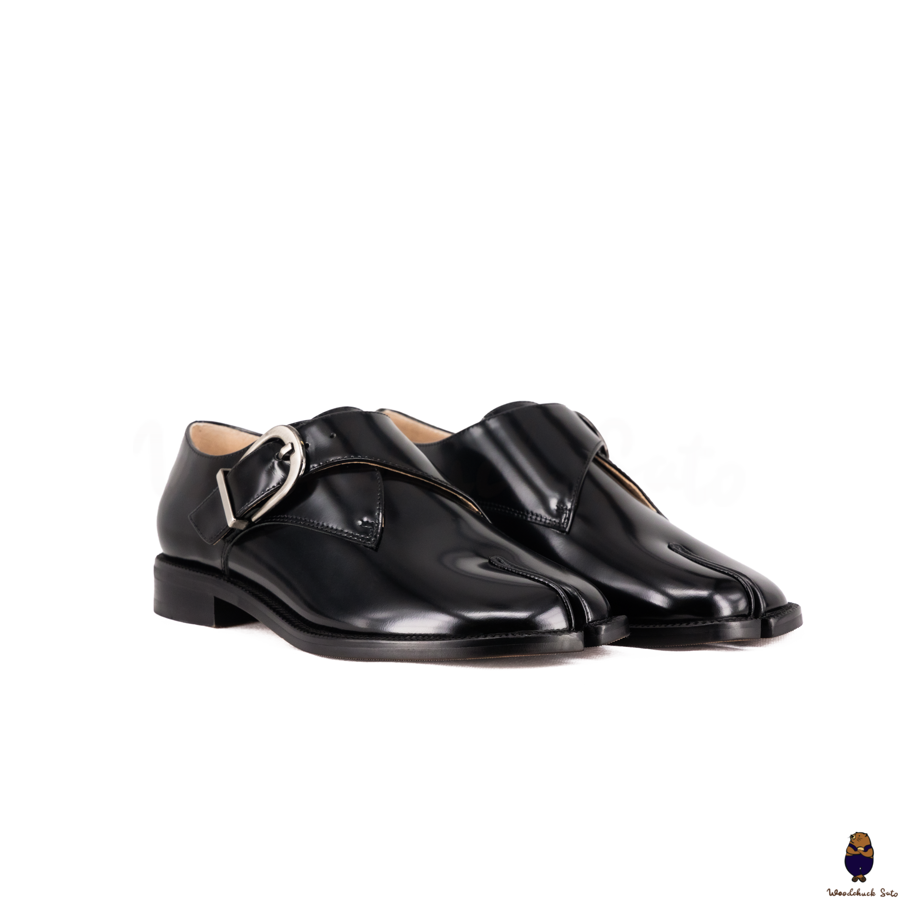 WoodchuckSato Black Edge-Beaded Cowhide Leather Tabi Monk Strap Shoes