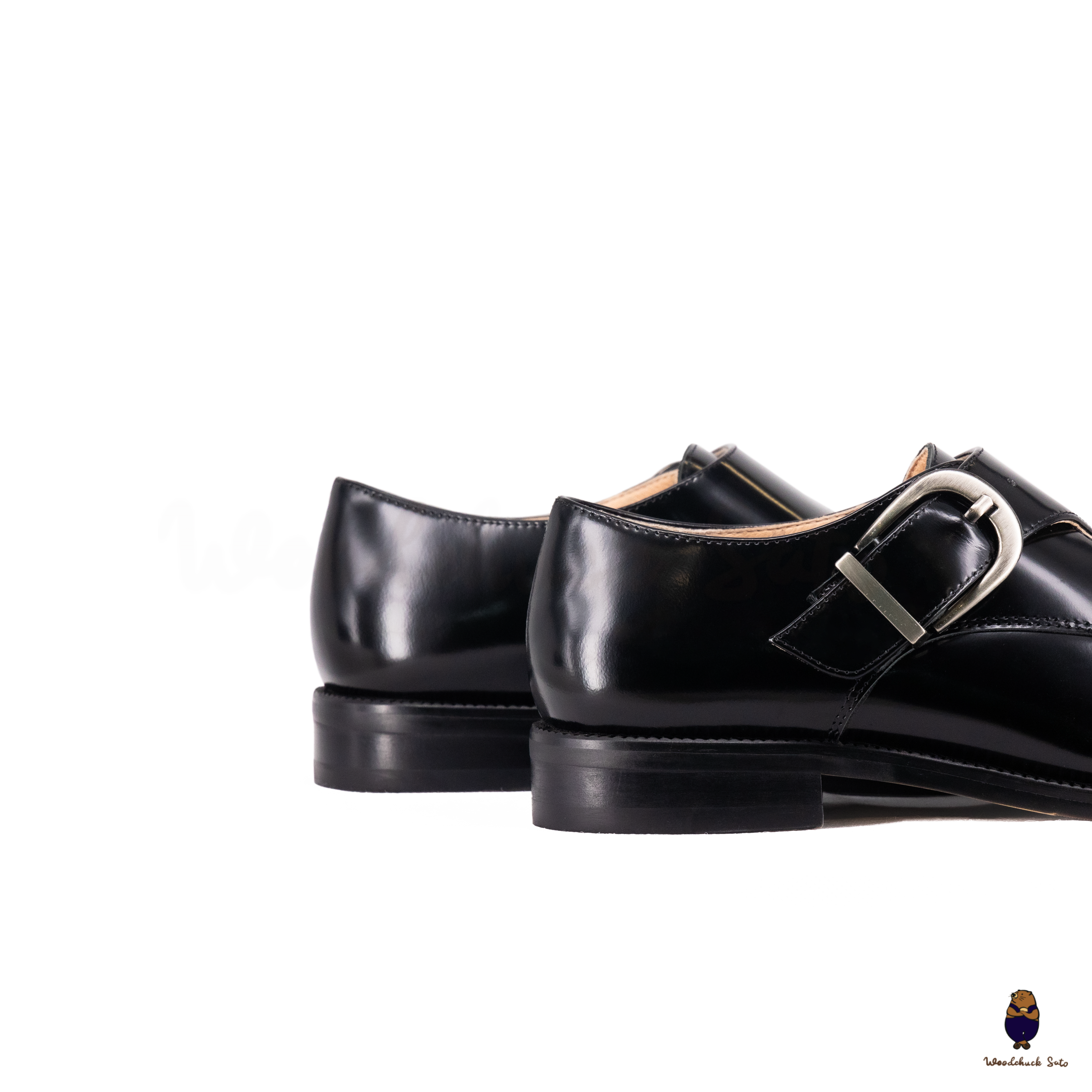 WoodchuckSato Black Edge-Beaded Cowhide Leather Tabi Monk Strap Shoes