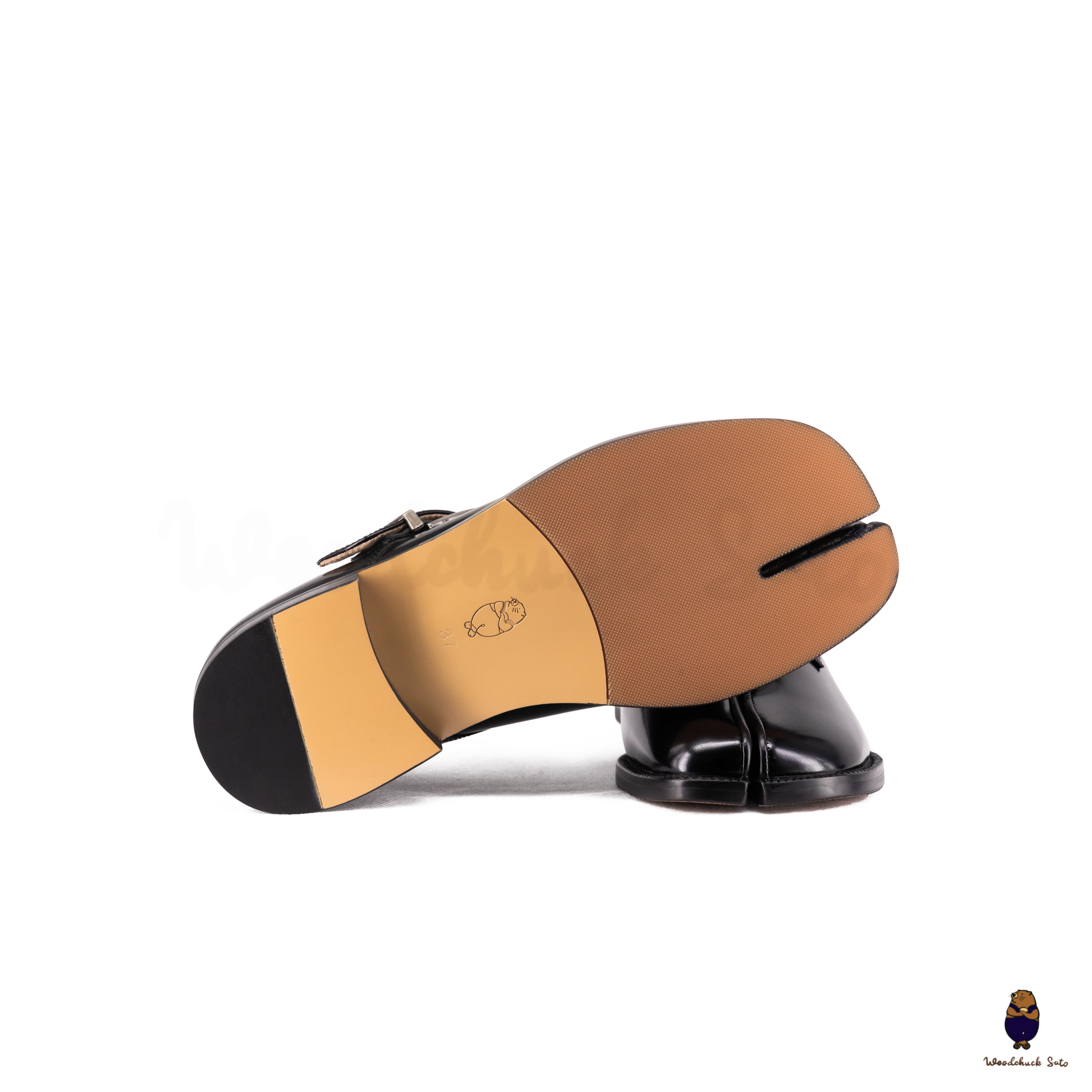 WoodchuckSato Black Edge-Beaded Cowhide Leather Tabi Monk Strap Shoes