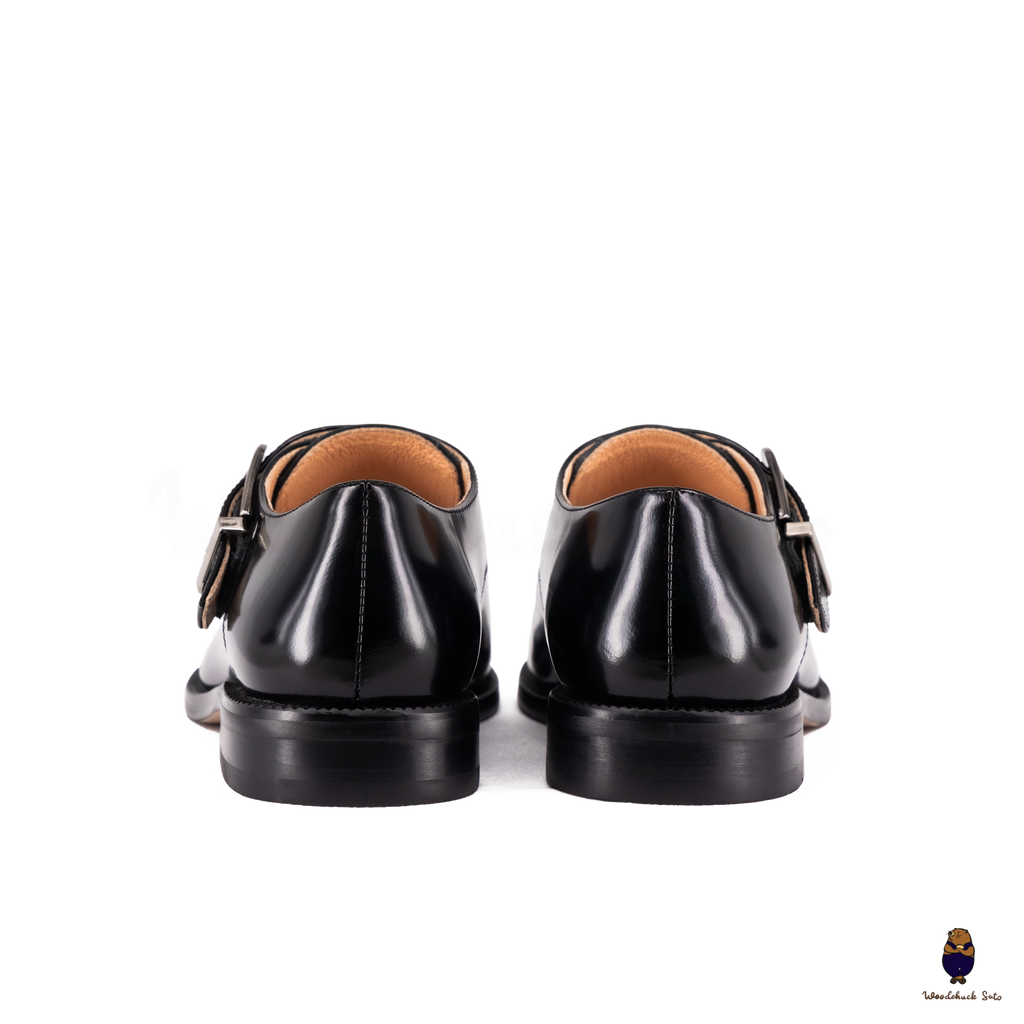 WoodchuckSato Black Edge-Beaded Cowhide Leather Tabi Monk Strap Shoes