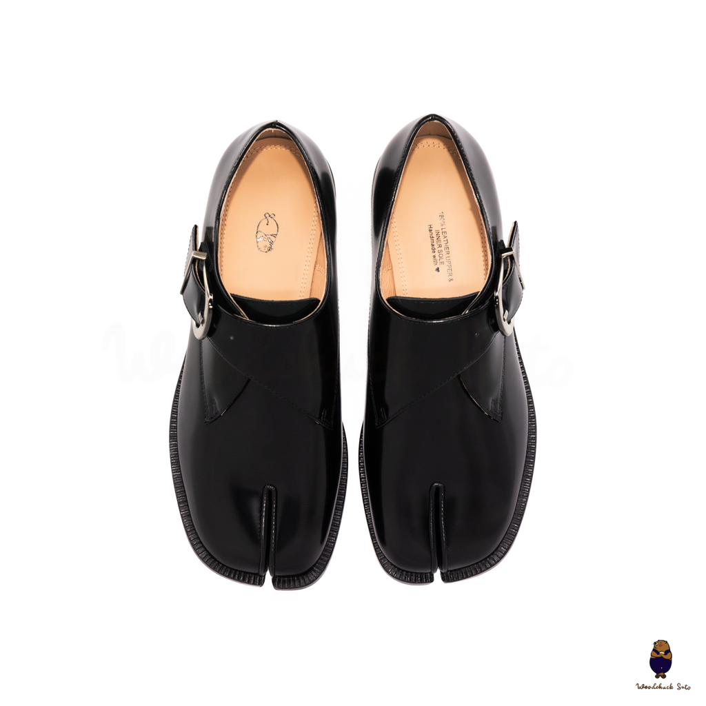 WoodchuckSato Black Edge-Beaded Cowhide Leather Tabi Monk Strap Shoes