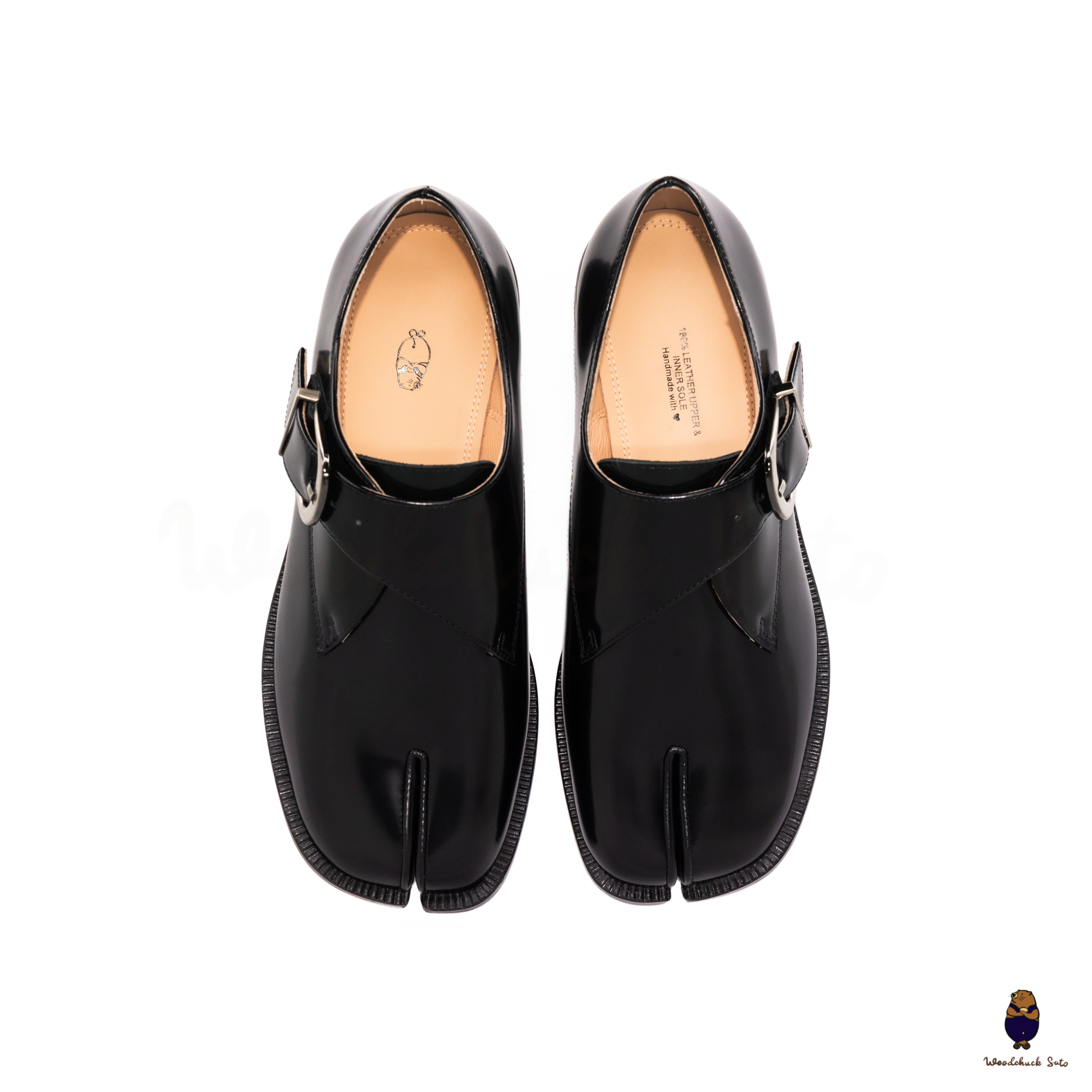 WoodchuckSato Black Edge-Beaded Cowhide Leather Tabi Monk Strap Shoes