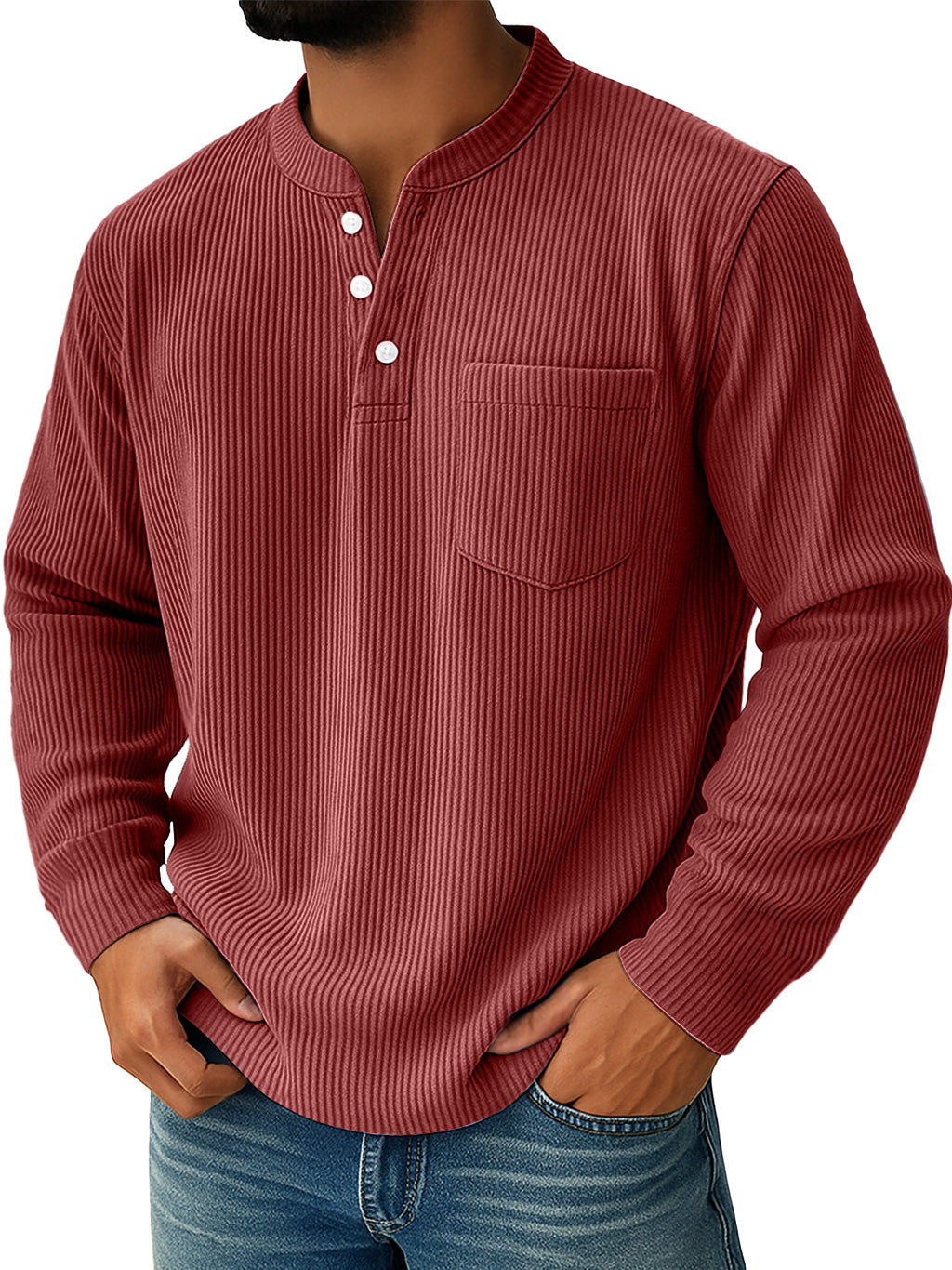Men's Simple Everyday Ribbed Stand Collar Pocket Henley Shirt