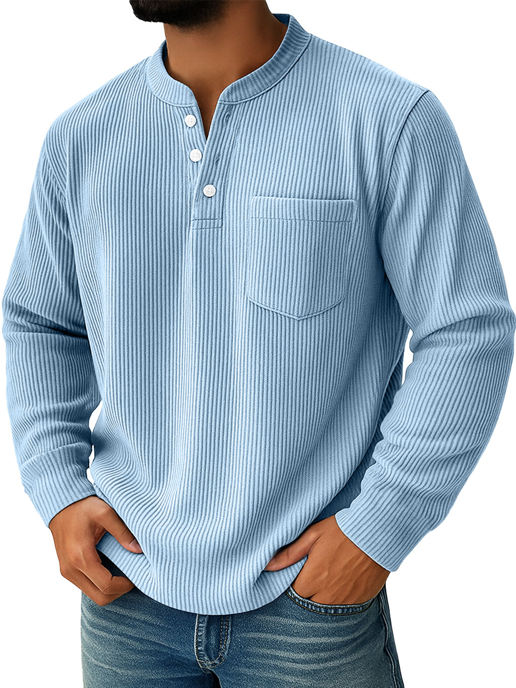 Men's Simple Everyday Ribbed Stand Collar Pocket Henley Shirt