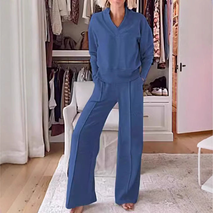 New Product Spring And Autumn Independent Station New Casual Collar Long-Sleeved Loose Top Wide-Leg Pants Two-Piece Set